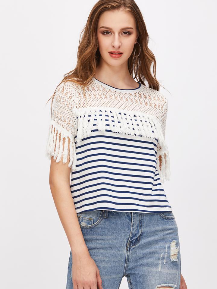 Shein Navy And White Striped Crochet Shoulder Tassel Trim T-shirt