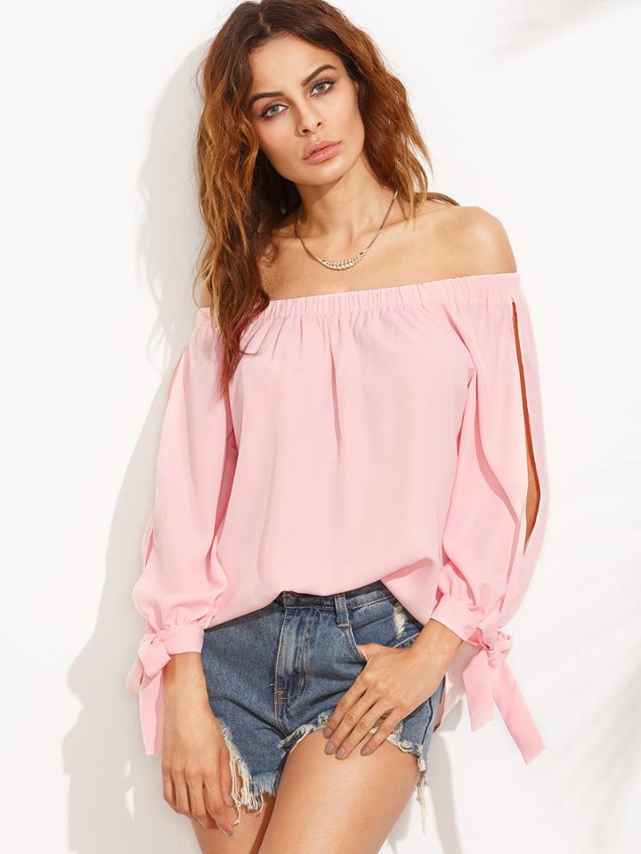 Shein Split Self Tie Sleeve Bardot Top