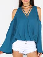 Shein Turquoise Criss Cross Neck Cold Shoulder Long Sleeve Blouse
