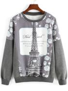 Shein Grey White Round Neck Eiffel Tower Print Sweatshirt