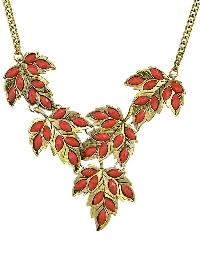 Shein Red Gemstone Statement Leaf Necklace