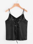 Shein Eyelet Lace Up Front Satin Cami Top