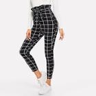 Shein Self Belted Grid Print Pants