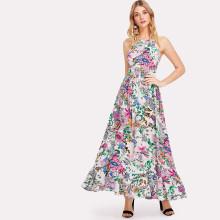 Shein Lace Insert Botanical Halter Neck Dress