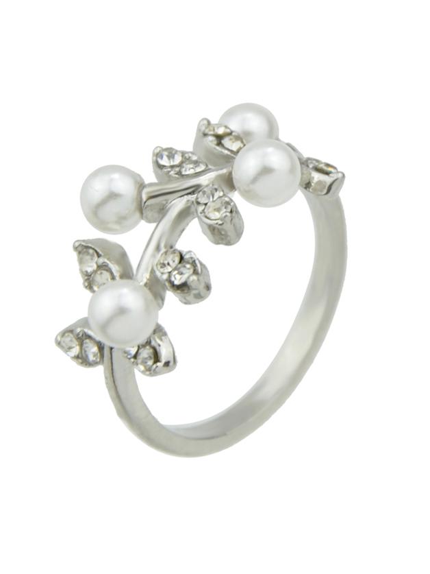 Shein Silver Imitation Pearl Rhinestone Leaf Shape Statement Ring For Women