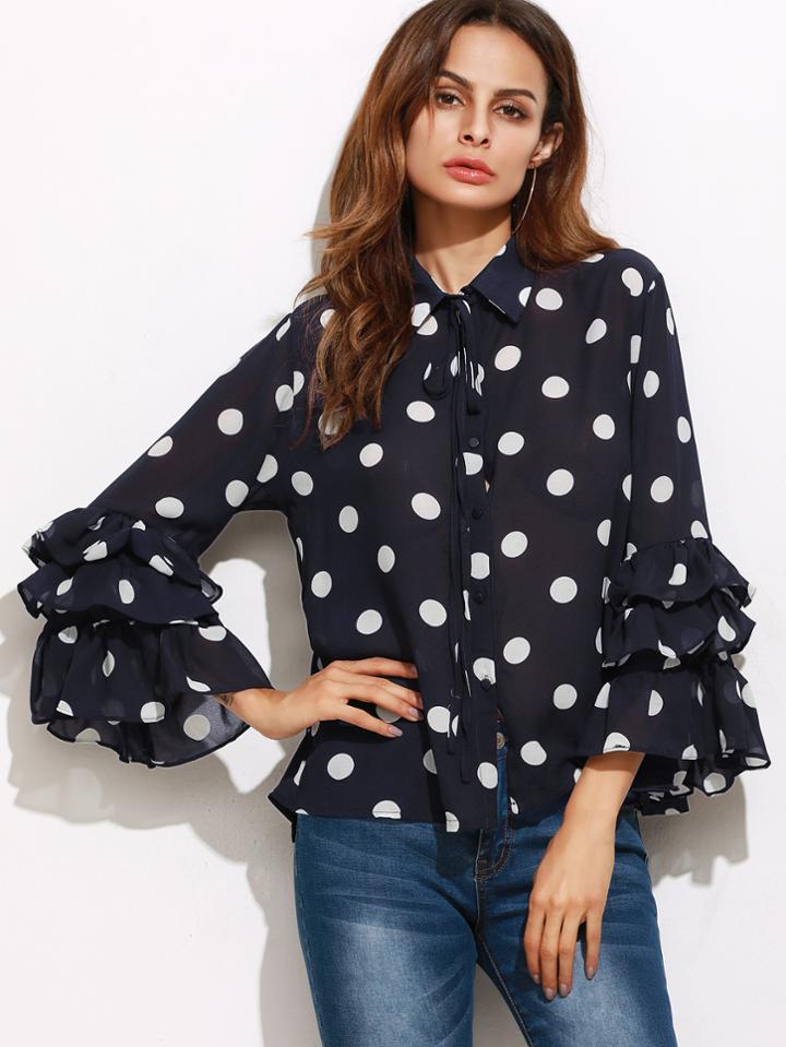 Shein Textured Dots Layered Ruffle Sleeve Blouse