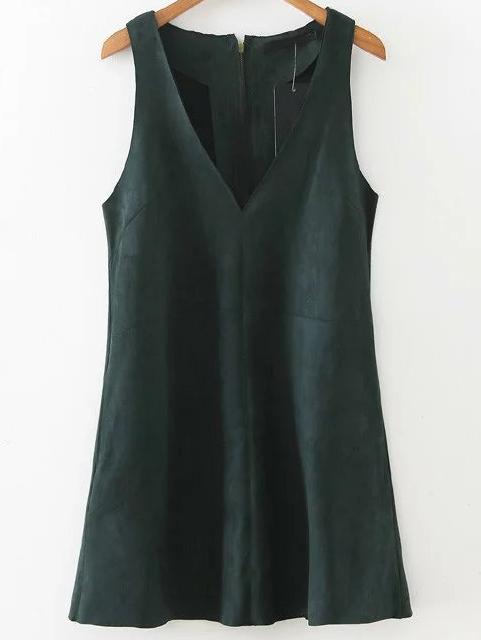 Shein Dark Green V Neck Sleeveless Zipper Back Dress