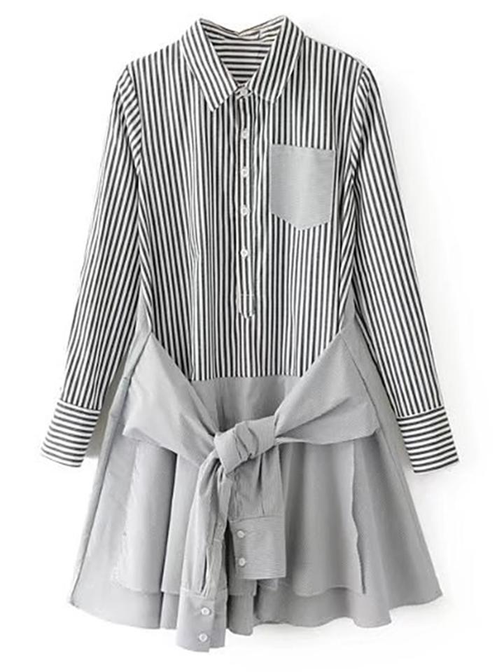 Shein Contrast Hem Knot Front Vertical Striped Shirt Dress