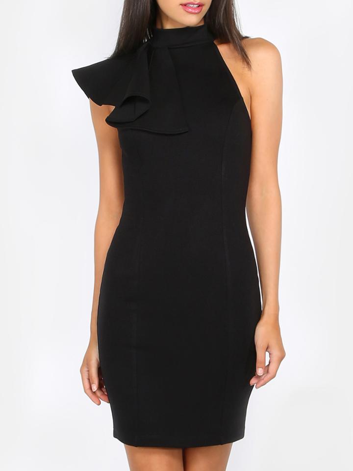 Shein Mock Neck Pleated Shoulder Dress Black