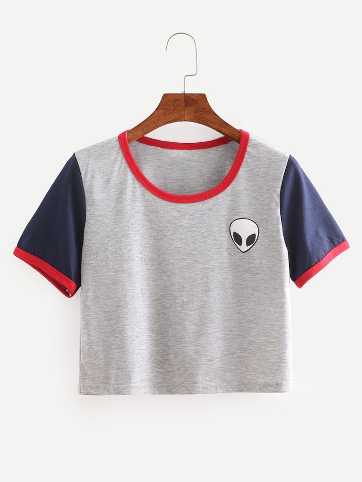 Shein Color Block Alien Print Crop T-shirt