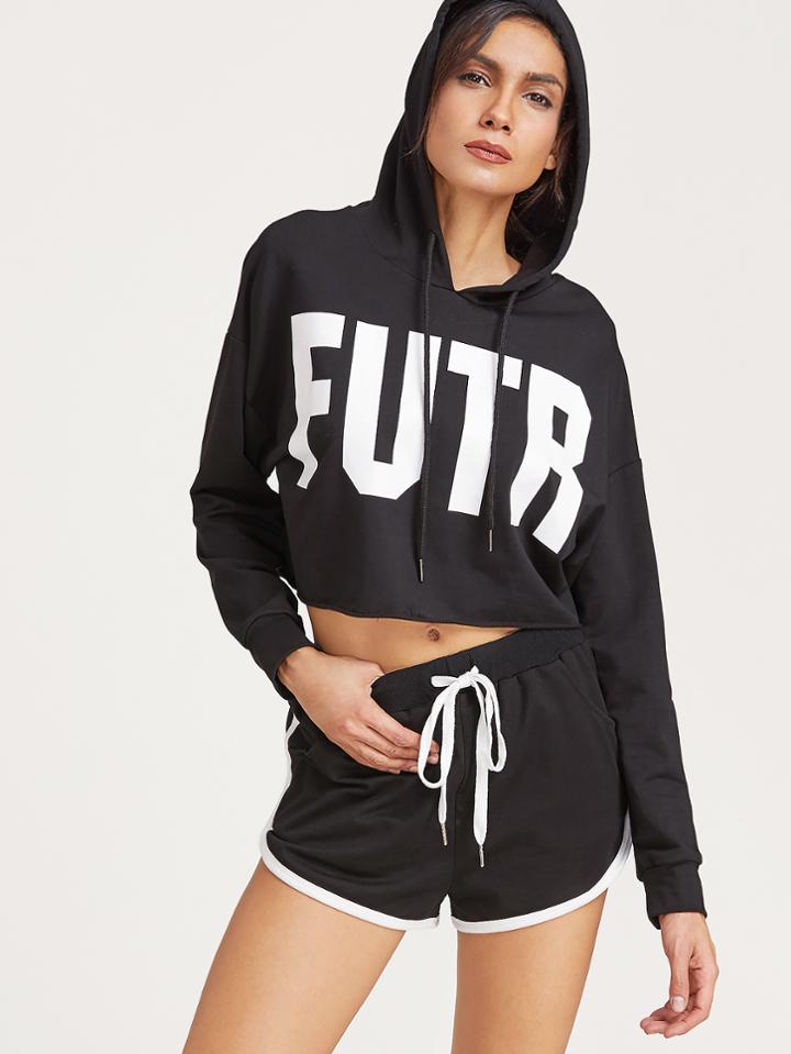 Shein Black Letter Print Drop Shoulder Raw Hem Crop Hoodie