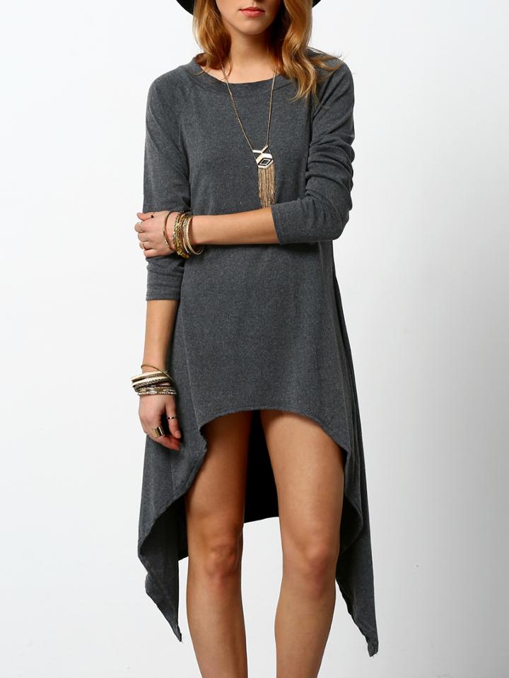 Shein Grey Round Neck Long Sleeve Asymmetrical Dress