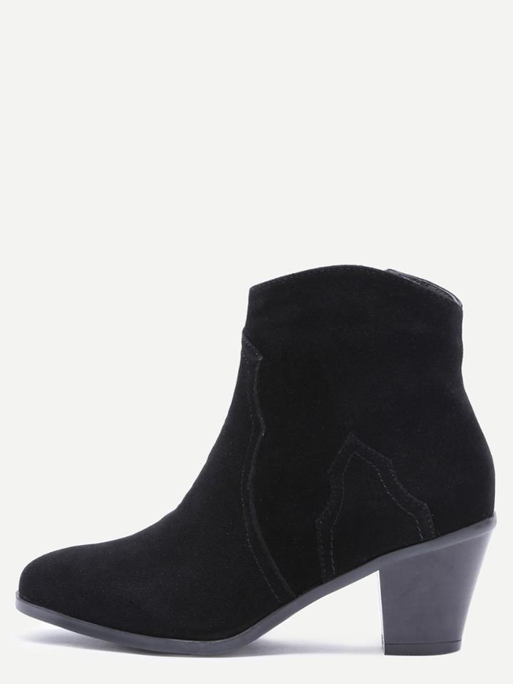 Shein Black Nubuck Leather Almond Toe Chunky Heel Booties