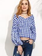 Shein Blue And White Gingham Boat Neck Puff Sleeve Crop Blouse