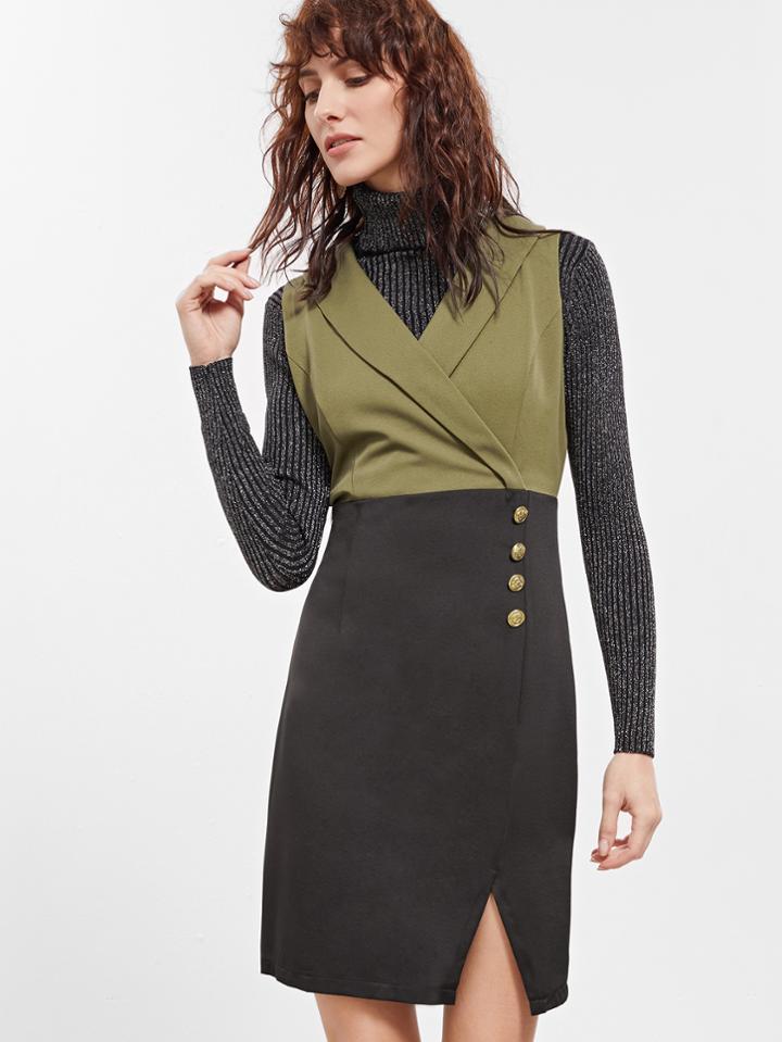 Shein Army Green Sleeveless Color Block Split Dress