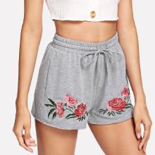 Shein Flower Embroidered  Drawstring Shorts