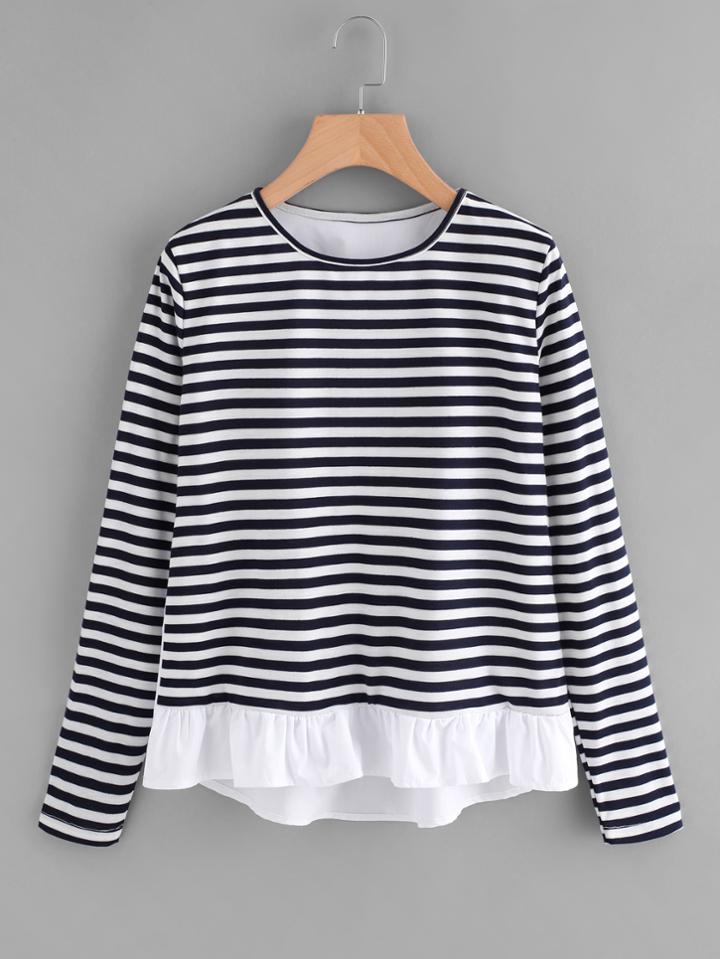 Shein Contrast Striped Frill Hem Tee