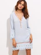 Shein Light Blue V Neck Hollow Hem Shift Dress