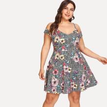 Shein Plus Mixed Print Cold Shoulder Dress
