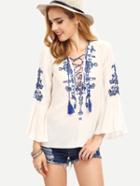 Shein Embroidery Tasselled Lace-up V-neck Blouse