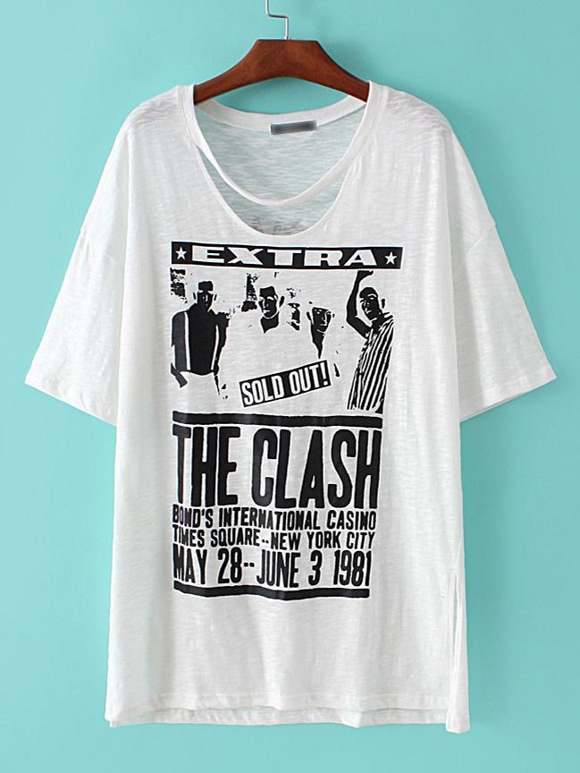 Shein White Letters Printed Dipped Hem Split Side T-shirt