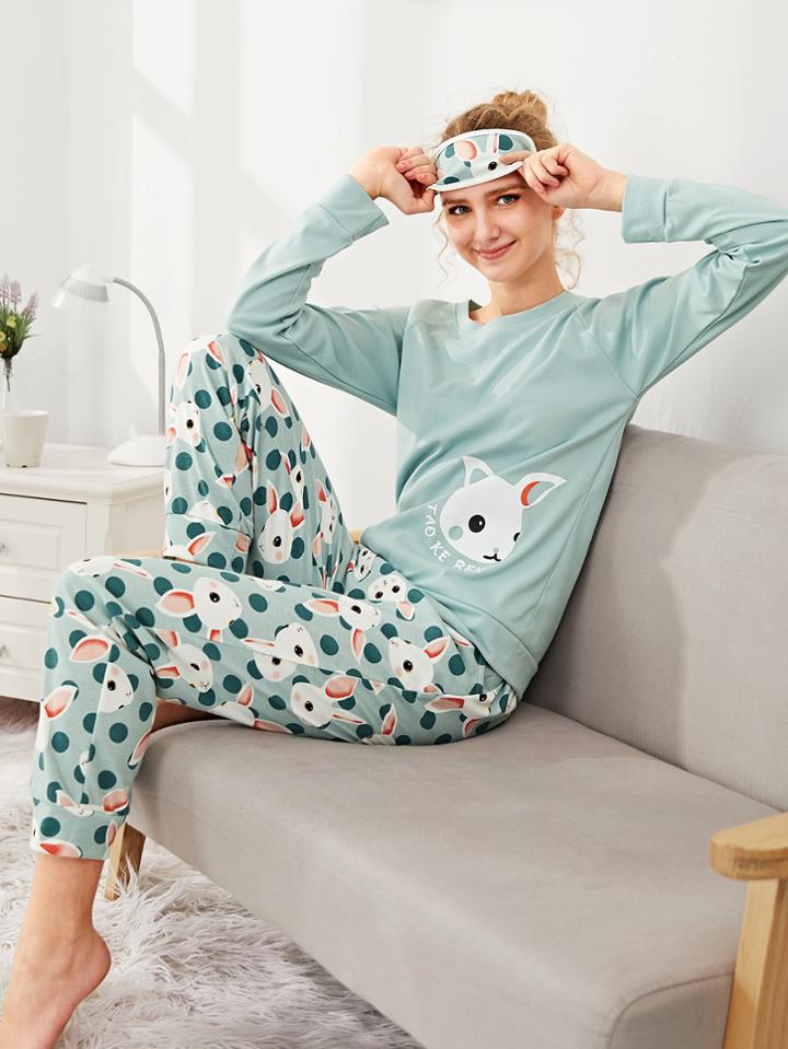 Shein Rabbit Print Top & Pants With Eye Mask