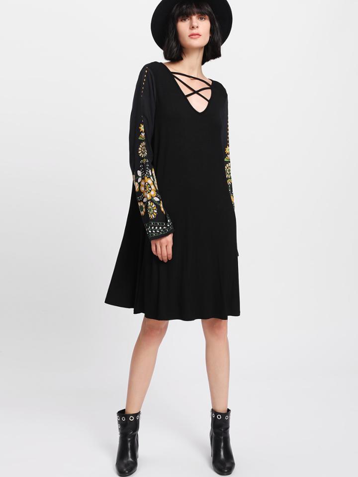 Shein Crisscross Neck Flower Print Swing Dress