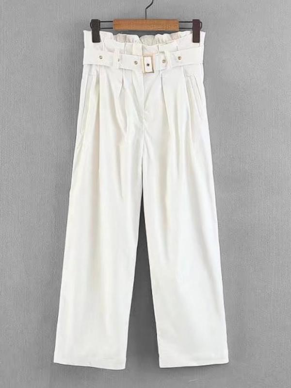 Shein Frill Waist Corduroy Pants With Belt