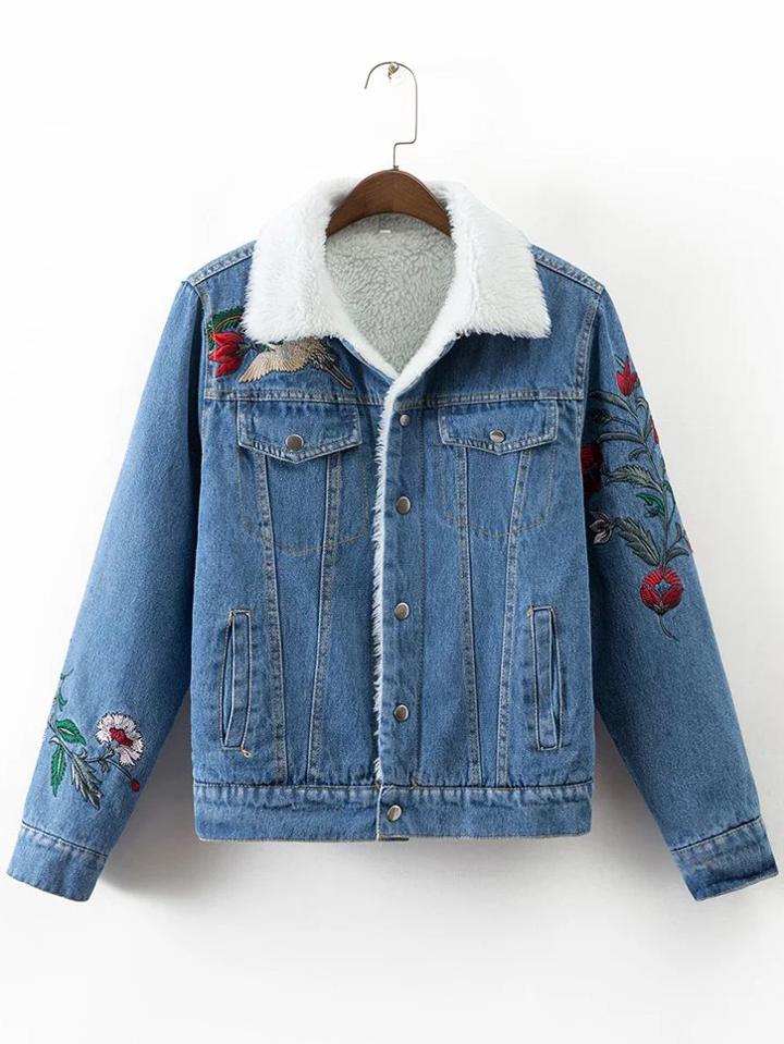 Shein Blue Floral Embroidery Denim Jacket With Faux Shearling Lining