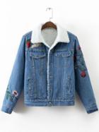 Shein Blue Floral Embroidery Denim Jacket With Faux Shearling Lining