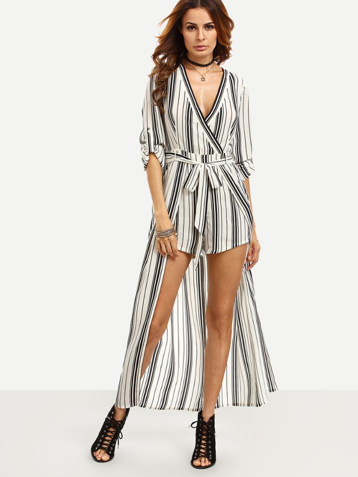 Shein Black And White Striped Tie Waist V Neck Jumpsuit