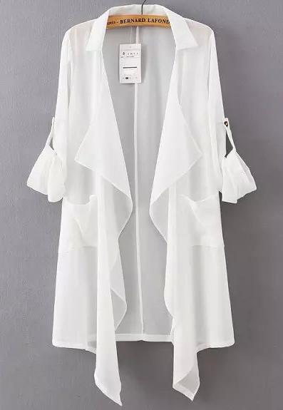 Shein White Lapel Asymmetrical Loose Chiffon Trench Coat