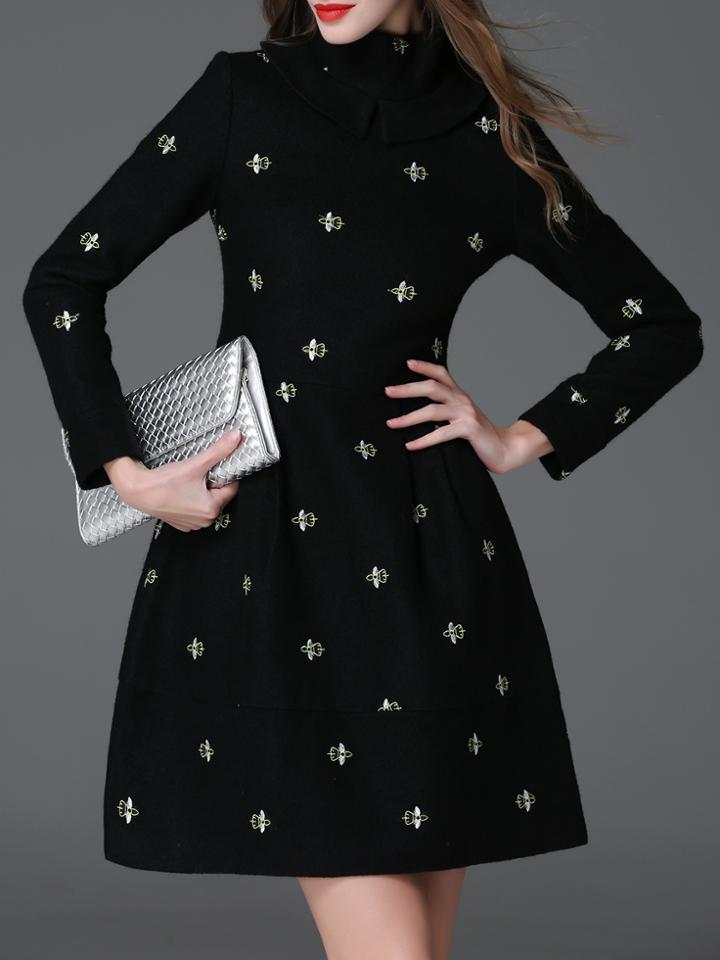 Shein Black Collar Bees Embroidered A-line Dress