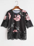 Shein Florals Eyelash Lace Trim Tee