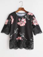 Shein Florals Eyelash Lace Trim Tee