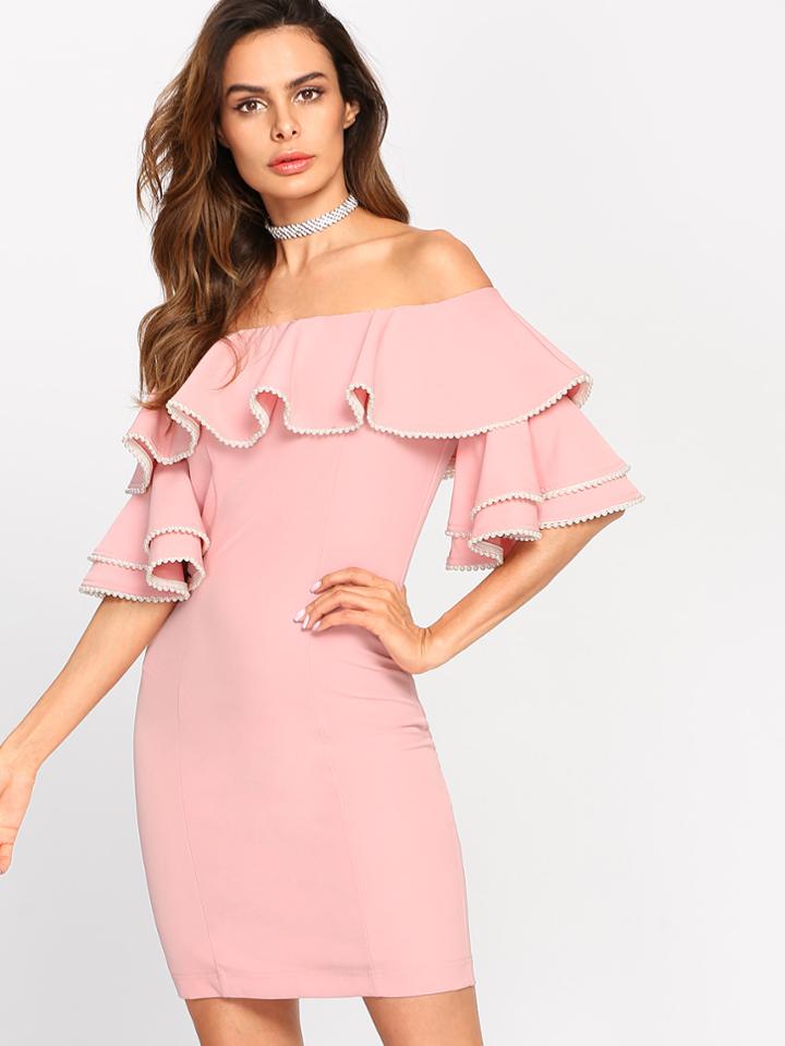 Shein Tiered Trumpet Sleeve Flounce Bardot Dress