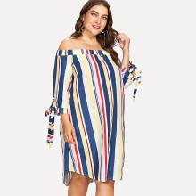 Shein Plus Off Shoulder Tie Cuff Striped Dress