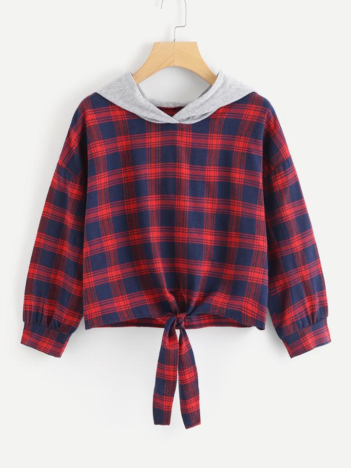 Shein Knotted Detail Tartan Plaid Hoodie