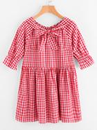 Shein Bow Neck Button Back Trumpet Sleeve Gingham Smock Dress