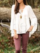 Shein White Bell Sleeve Tie Neck Loose Blouse