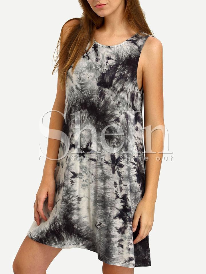 Shein Black Crew Neck Ink Print Tie-dye Casual Dress