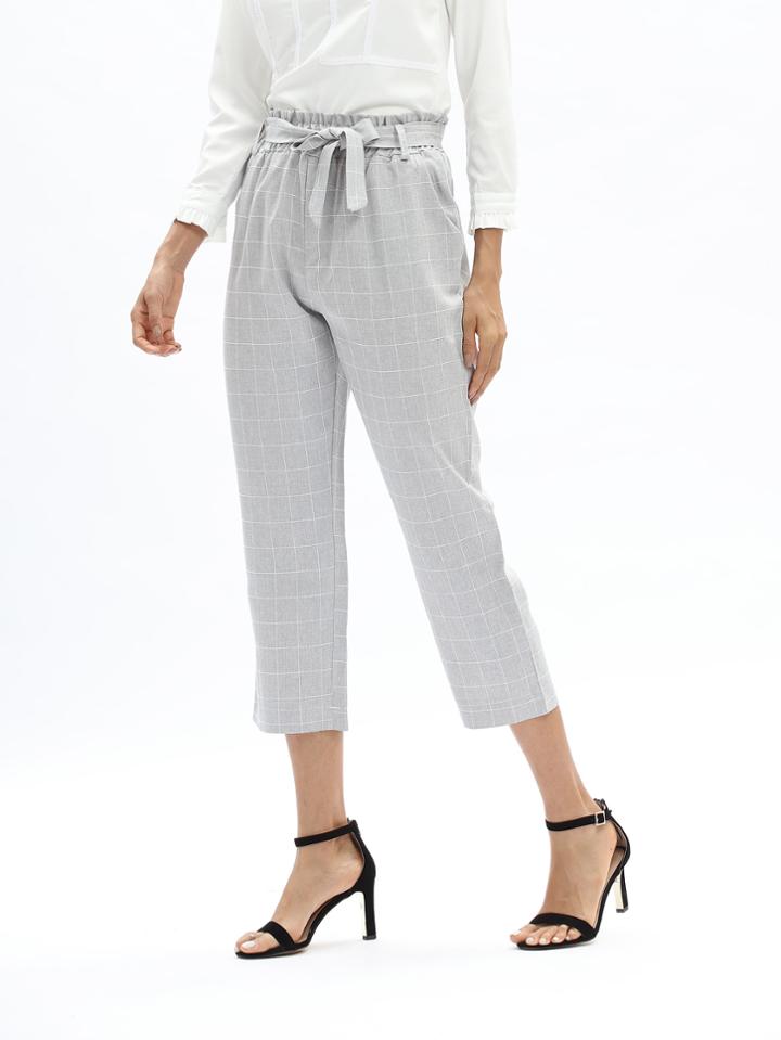 Shein Grid Print Frill Waist Self Tie Pants