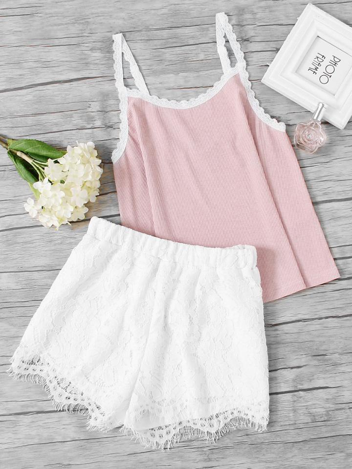 Shein Rib Knit Cami & Lace Shorts Pj Set