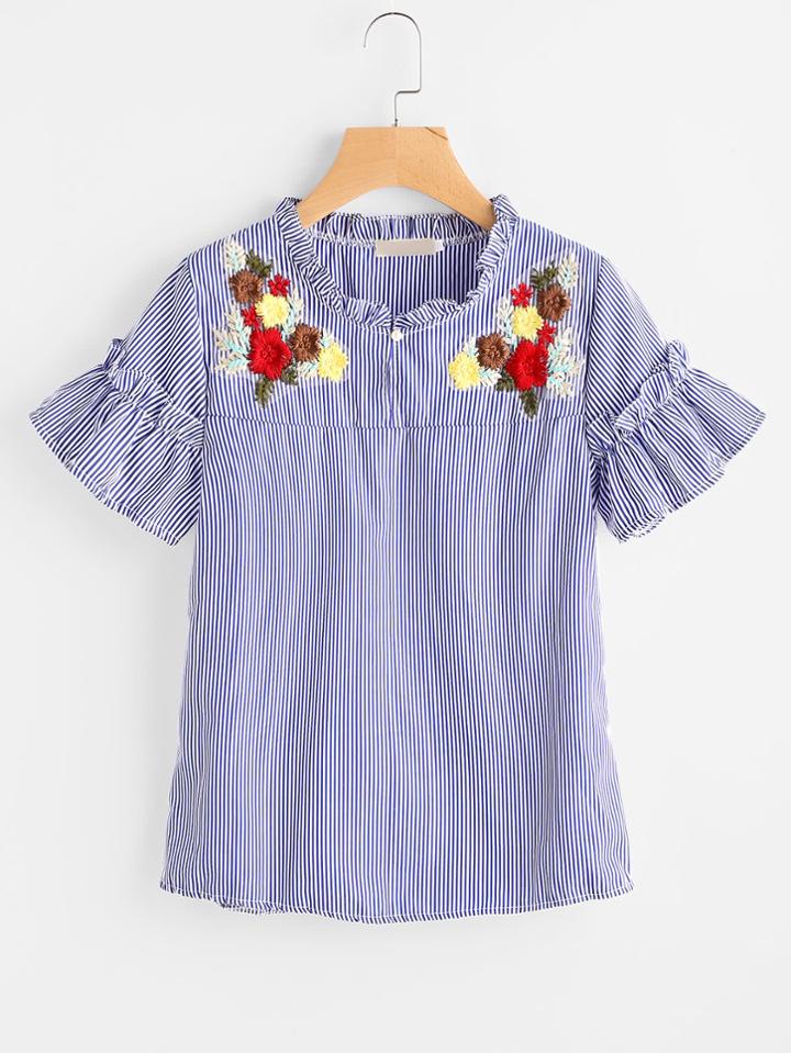 Shein Appliques Pinstripe Frill Trim Top