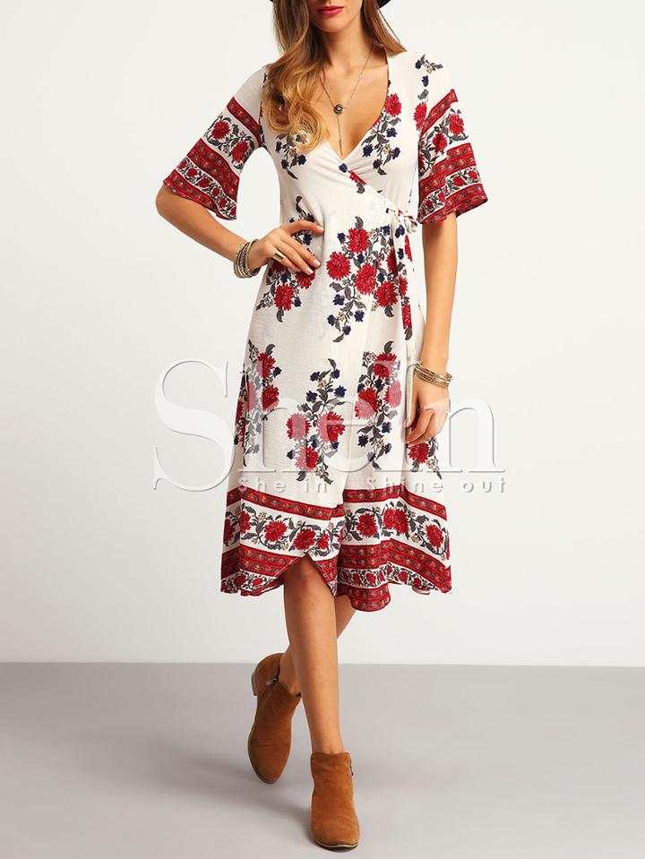Shein White V-neck Wrap Front Tie Waist Floral Dress