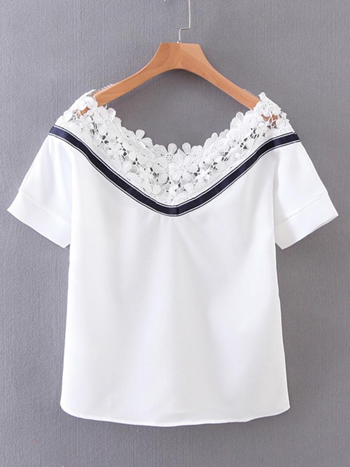 Shein Boat Neckline Contrast Lace Tee