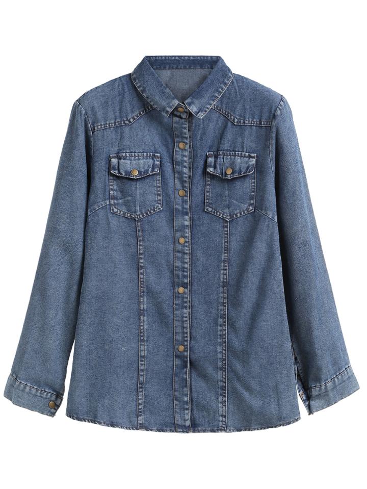 Shein Dark Blue Pockets Denim Shirt