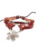Rosewe Metal Flower Embellished Brown Pu Bracelet