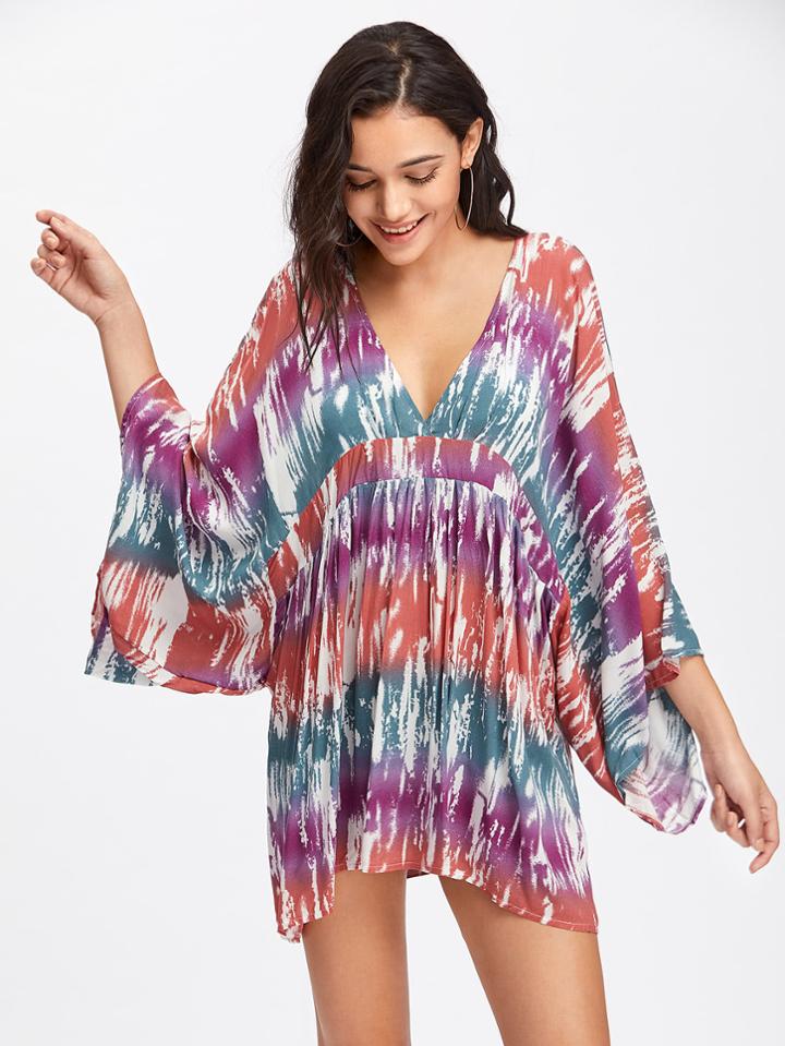 Shein Abstract Print V-neckline Kaftan Cover Up