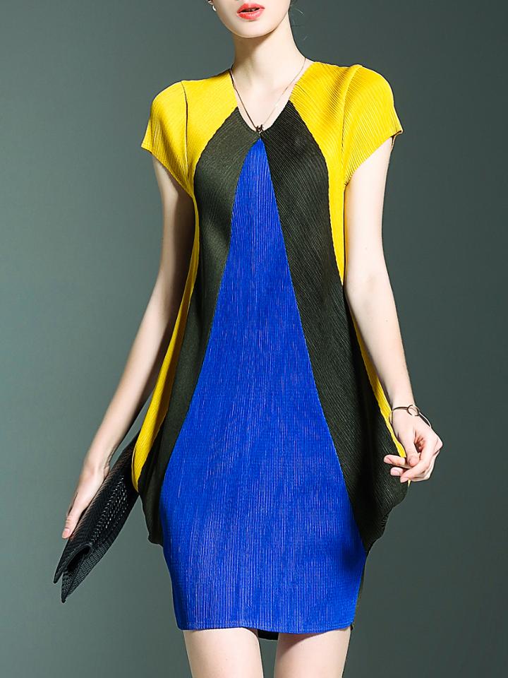 Shein Blue Color Block V Neck Pleated Elastic Dress